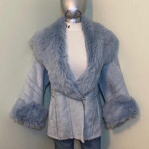 Woman’s Faux Fur Trim Jacket - Soft Blue